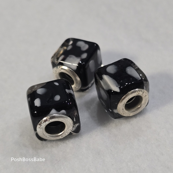 Set of 3 Black & White Polka Dot Murano Glass Square European Beads 925 Sterling - Picture 2 of 7
